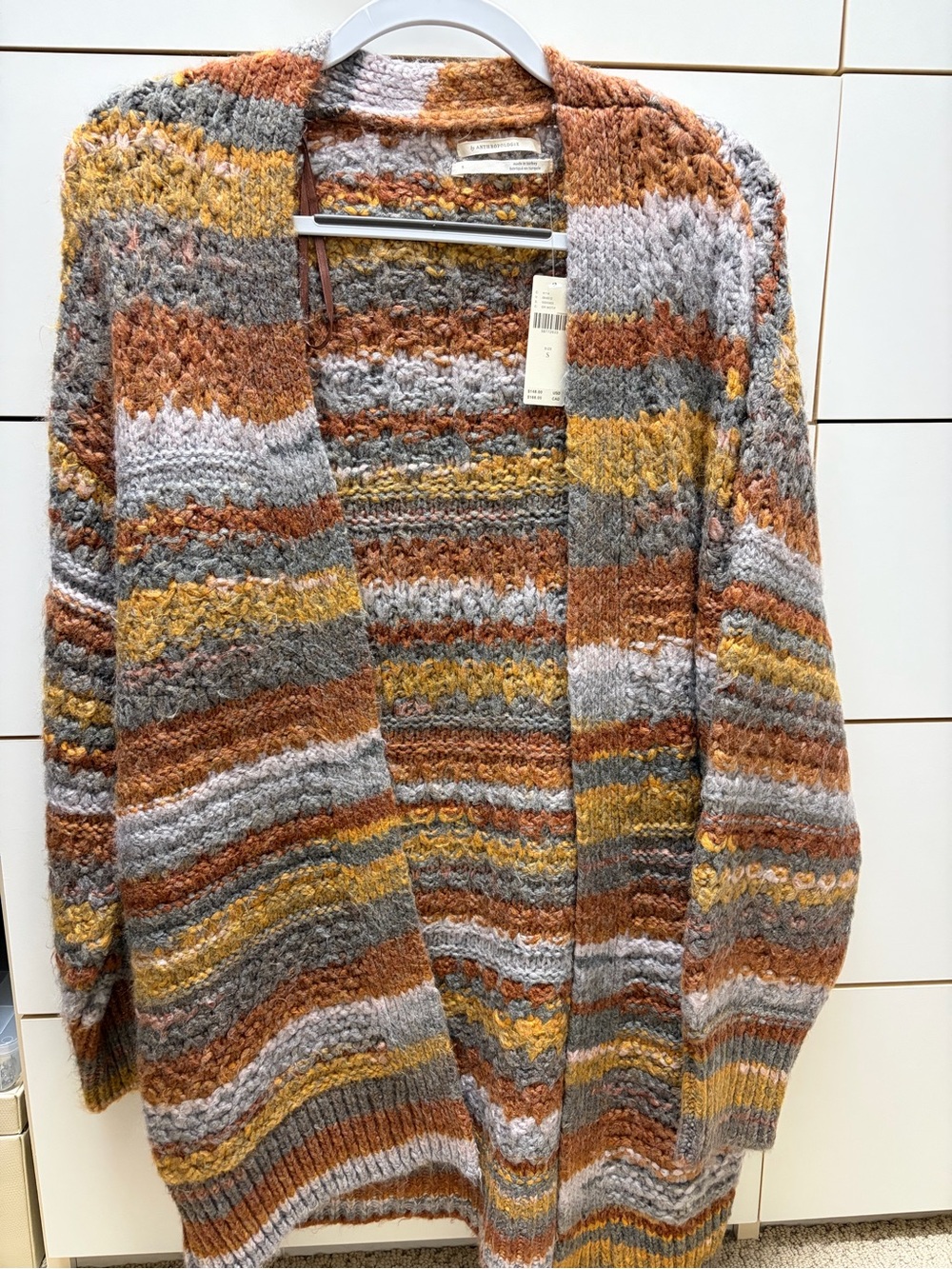 Anthropologie Striped Knit Open Cardigan in Gray, Rust & Mustard